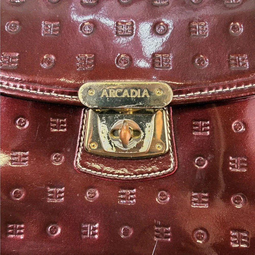 Arcadia Monogram Embossed Satchel Crossbody Bag Womens M Burgundy Patent Italy